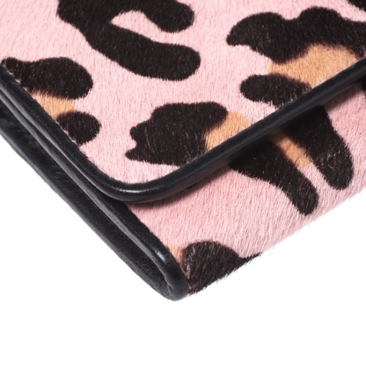 Pre Owned Miu Miu Pink Leopard Print Calfhair Flap Continental Wallet