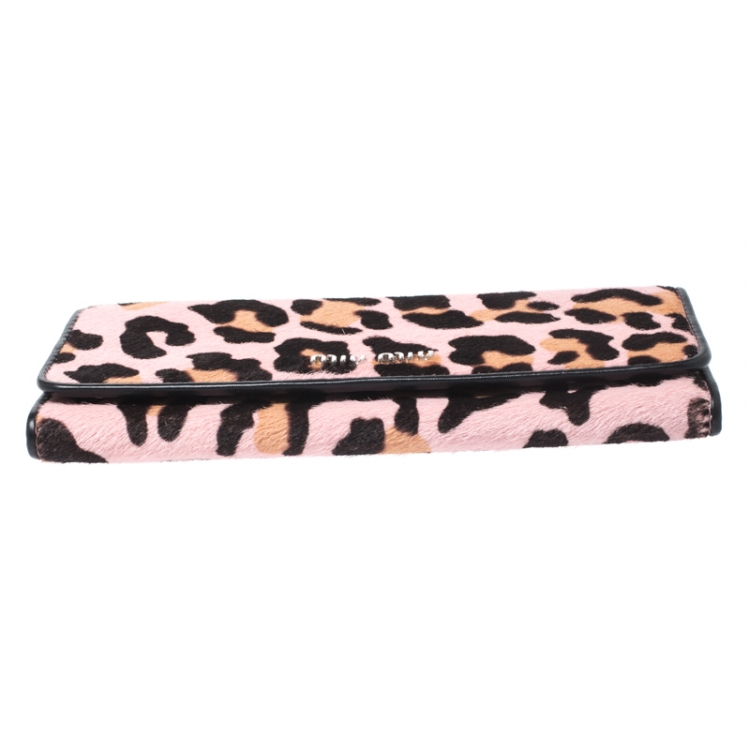 Pre Owned Miu Miu Pink Leopard Print Calfhair Flap Continental Wallet