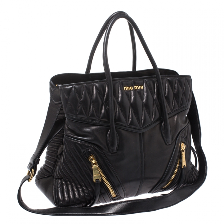 Pre Owned Miu Miu Black Matelasse Leather Biker Tote