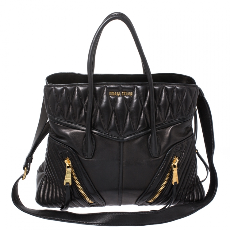 Pre Owned Miu Miu Black Matelasse Leather Biker Tote