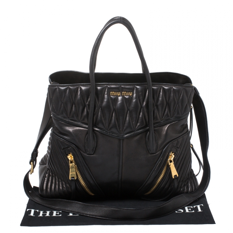 Pre Owned Miu Miu Black Matelasse Leather Biker Tote