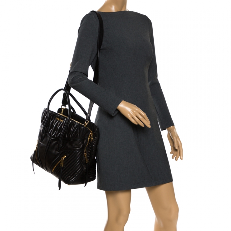 Pre Owned Miu Miu Black Matelasse Leather Biker Tote