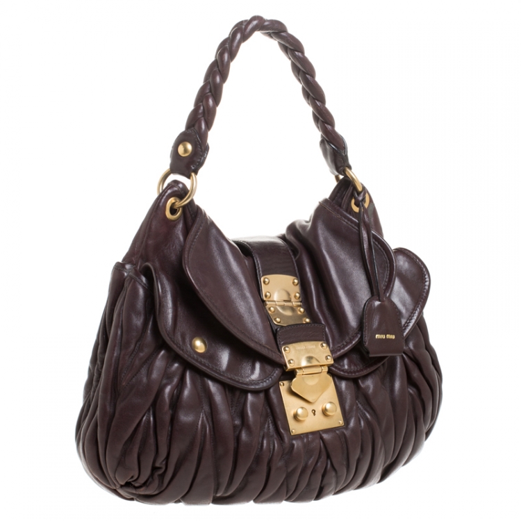 Pre Owned Miu Miu Dark Burgundy Matelasse Leather Coffer Hobo