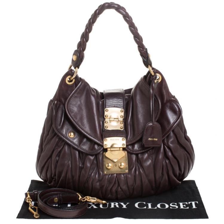 Pre Owned Miu Miu Dark Burgundy Matelasse Leather Coffer Hobo