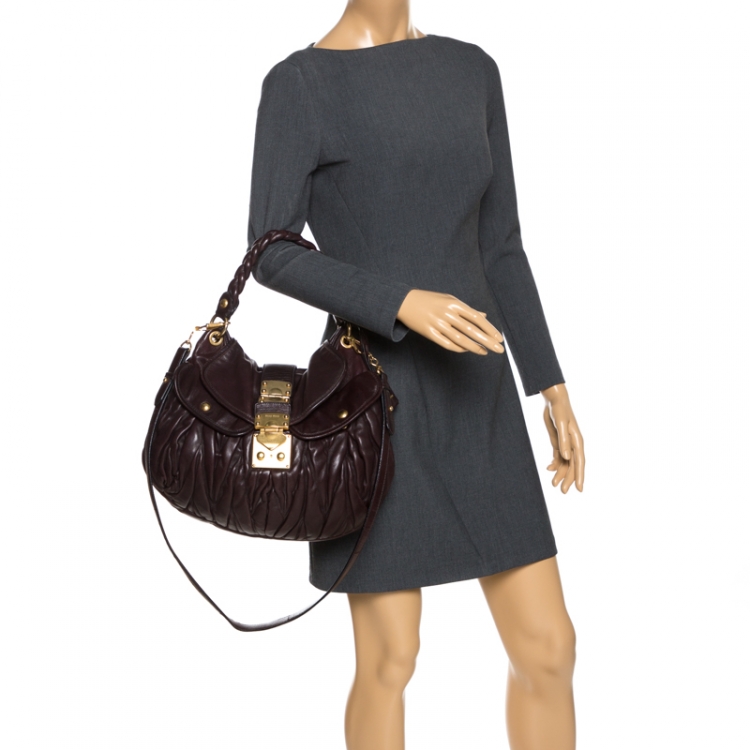 Pre Owned Miu Miu Dark Burgundy Matelasse Leather Coffer Hobo