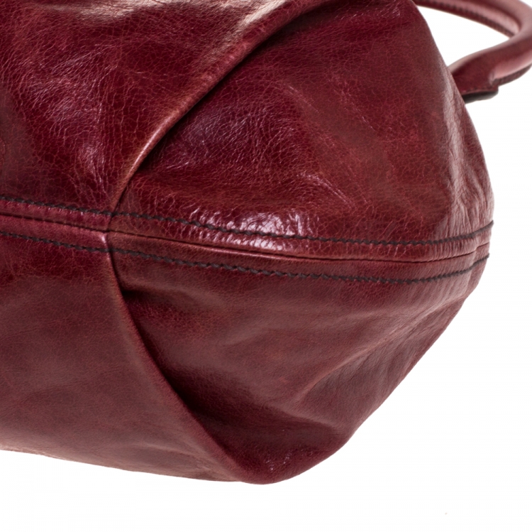 Pre Owned Miu Miu Maroon Crinkled Leather Pleated Tote