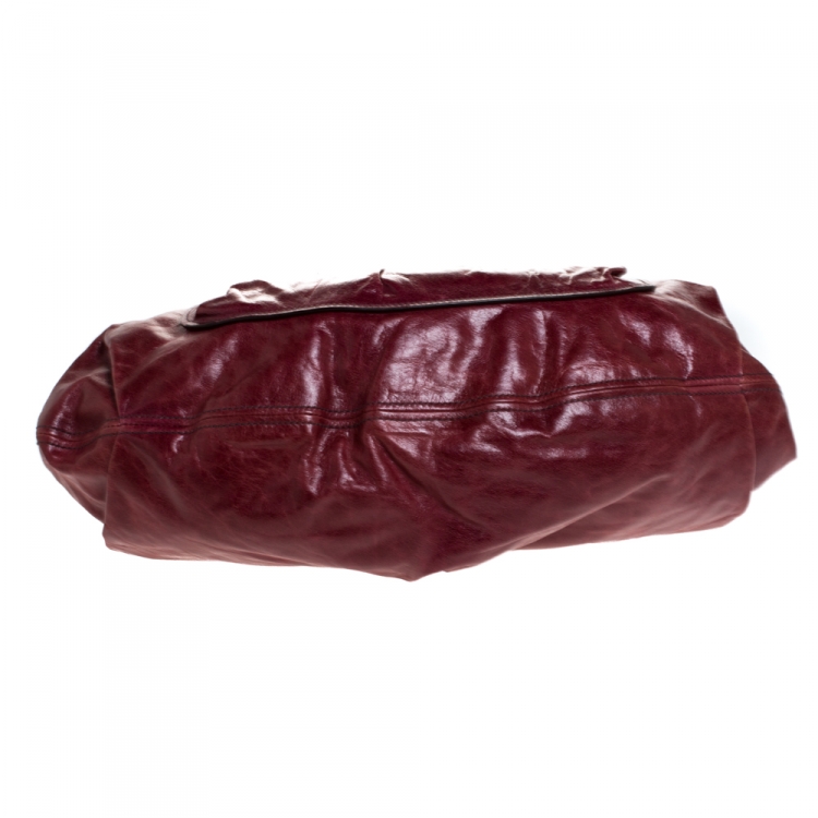 Pre Owned Miu Miu Maroon Crinkled Leather Pleated Tote