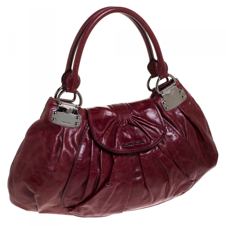Pre Owned Miu Miu Maroon Crinkled Leather Pleated Tote