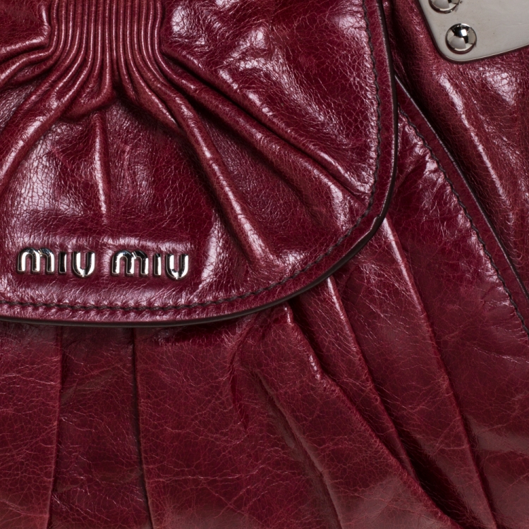 Pre Owned Miu Miu Maroon Crinkled Leather Pleated Tote