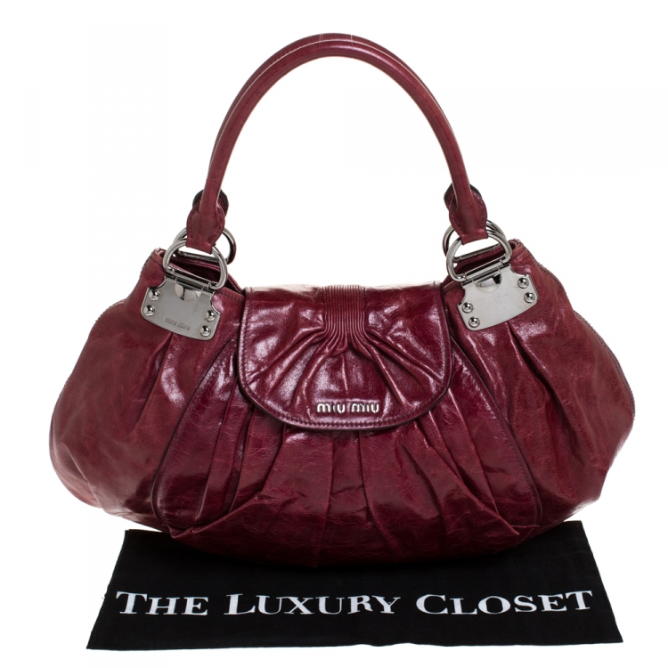 Pre Owned Miu Miu Maroon Crinkled Leather Pleated Tote