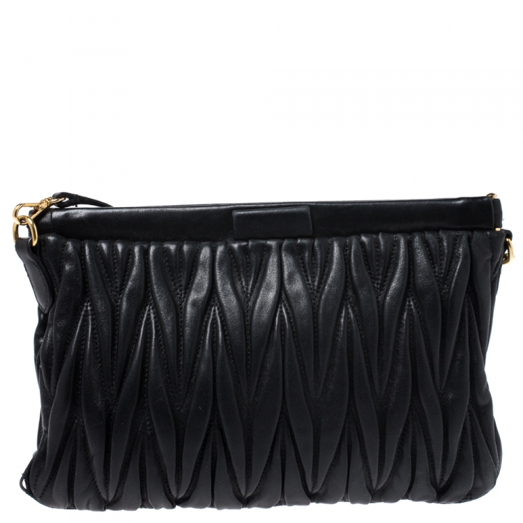 Pre Owned Miu Miu Black Matelasse Leather Crossbody Bag