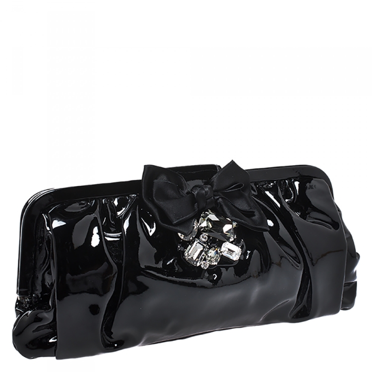 Pre Owned Miu Miu Black Patent Leather Crystal Embellished Clutch