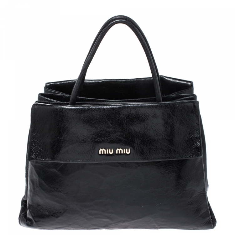 Pre Owned Miu Miu Black Glossy Leather Top Handle Bag