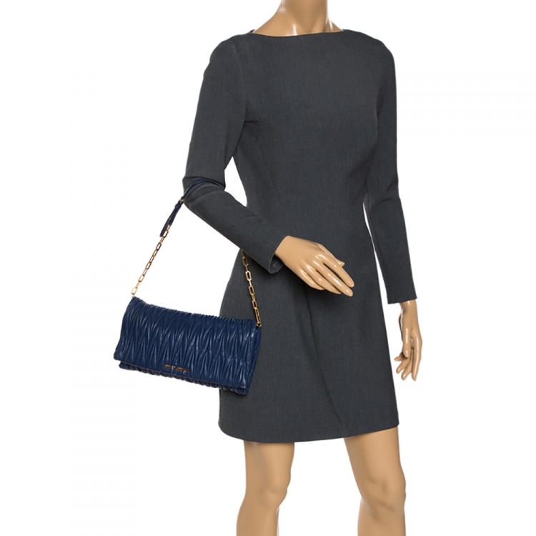 Pre Owned Miu Miu Blue Matelasse Leather Flap Shoulder Bag