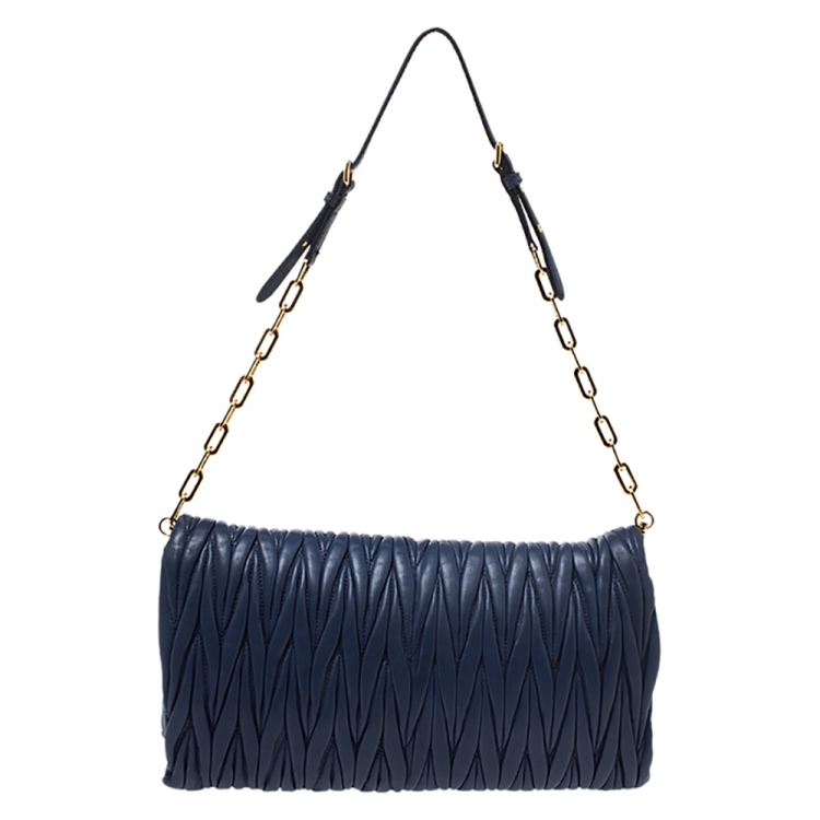 Pre Owned Miu Miu Blue Matelasse Leather Flap Shoulder Bag