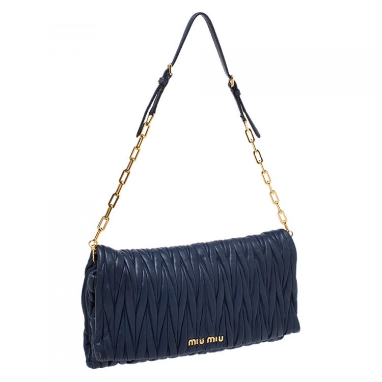 Pre Owned Miu Miu Blue Matelasse Leather Flap Shoulder Bag