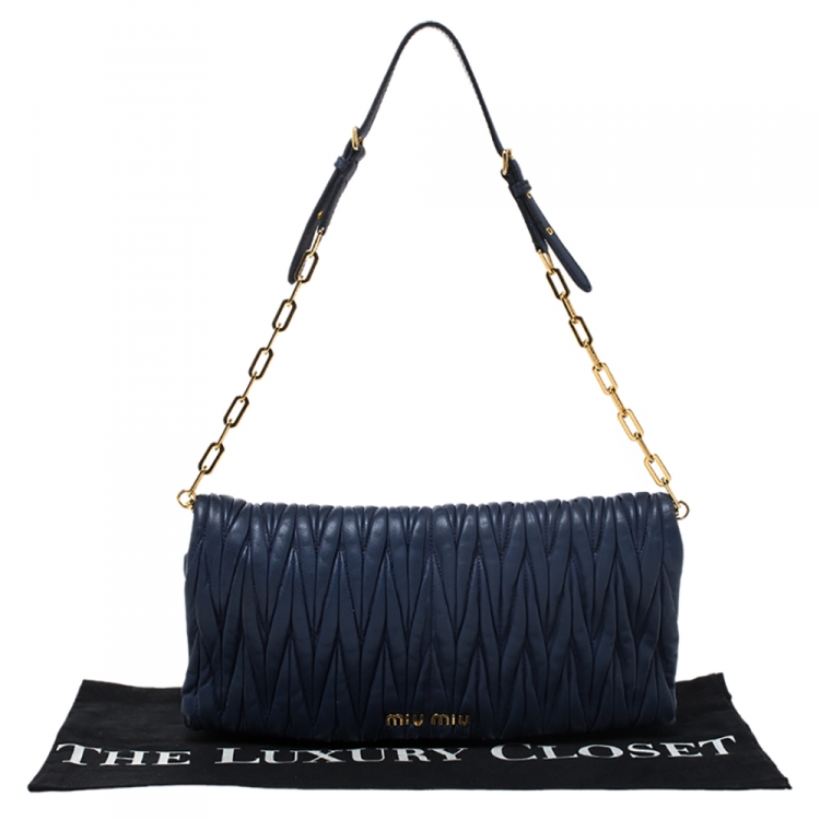 Pre Owned Miu Miu Blue Matelasse Leather Flap Shoulder Bag