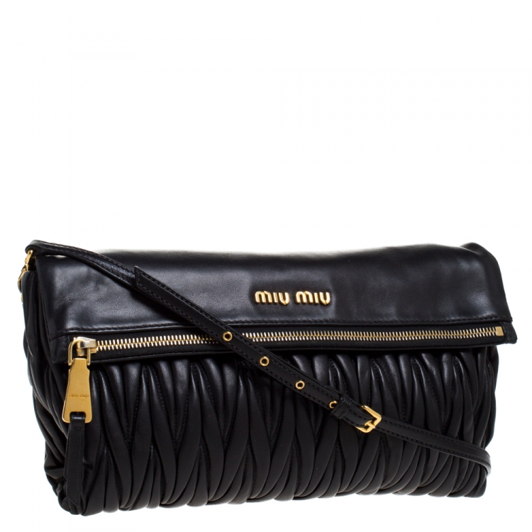 Pre Owned Miu Miu Black Metalasse Leather Zipper Flap Shoulder Bag