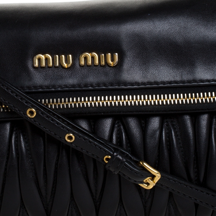 Pre Owned Miu Miu Black Metalasse Leather Zipper Flap Shoulder Bag