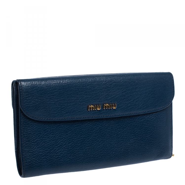 Pre Owned Miu Miu Blue Leather Madras Flap Wallet