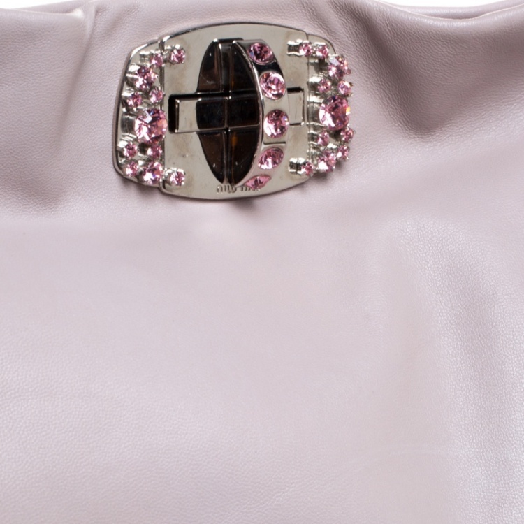 Pre Owned Miu Miu Pink Leather Oversize Crystal Clutch