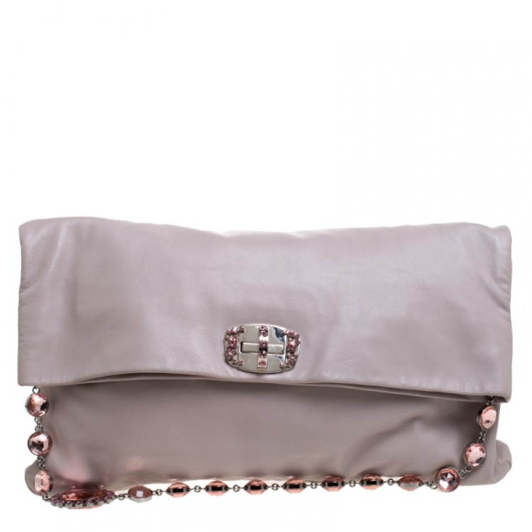 Pre Owned Miu Miu Pink Leather Oversize Crystal Clutch