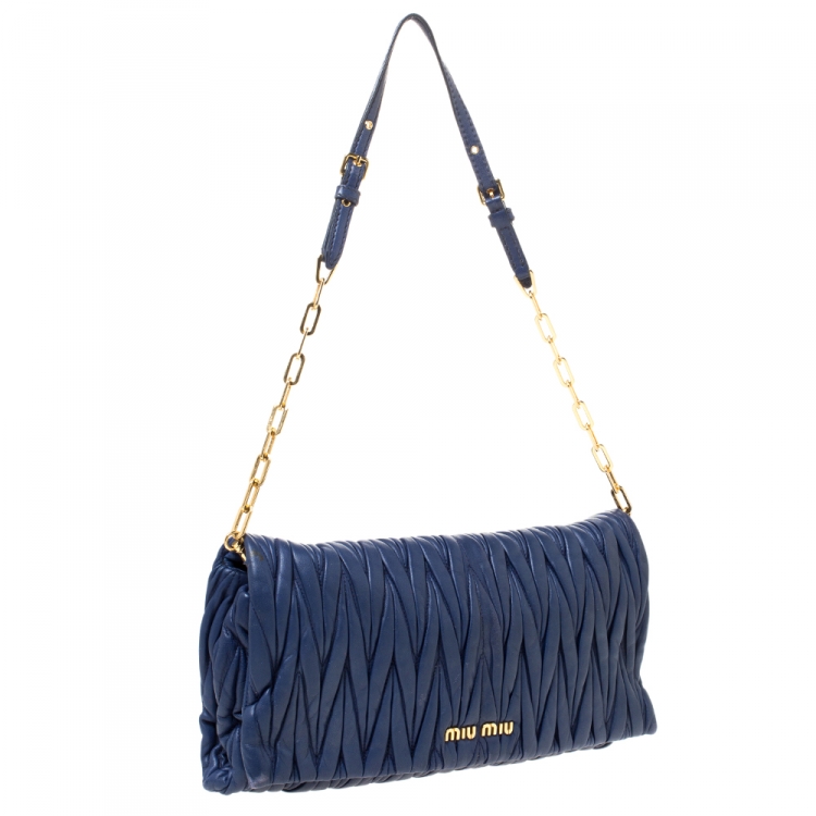 Pre Owned Miu Miu Blue Matelasse Leather Flap Shoulder Bag