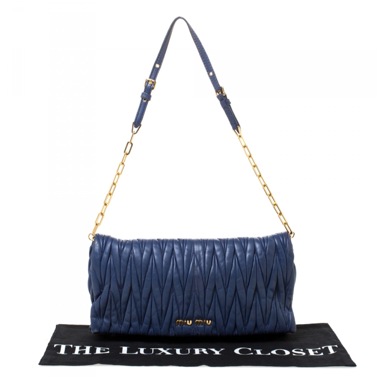 Pre Owned Miu Miu Blue Matelasse Leather Flap Shoulder Bag