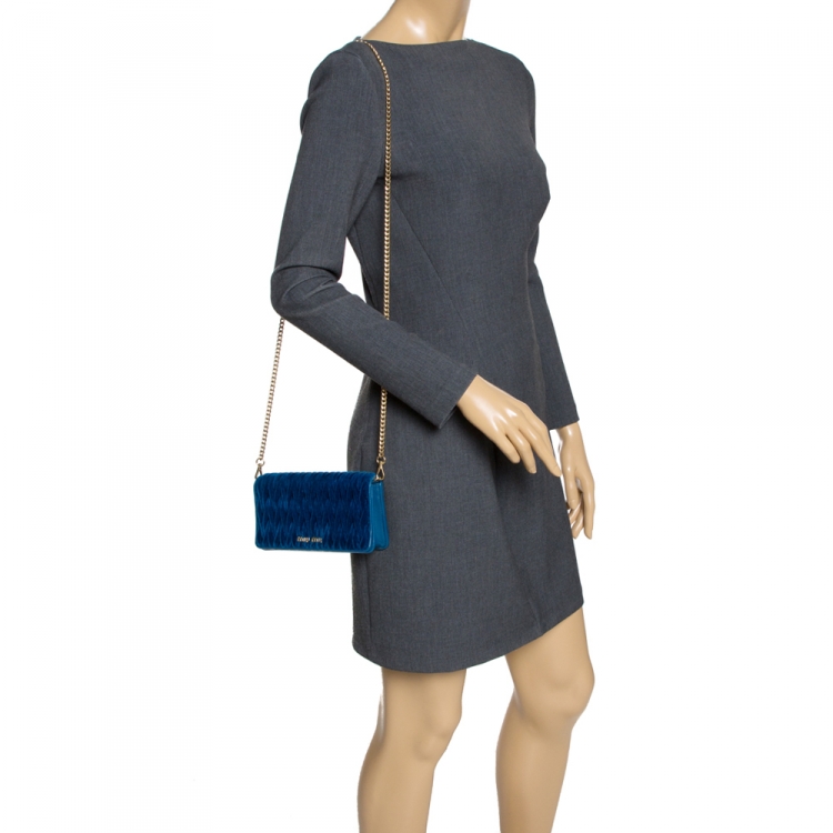 Pre Owned Miu Miu Blue Matelasse Velevt and Leather Wallet on Chain