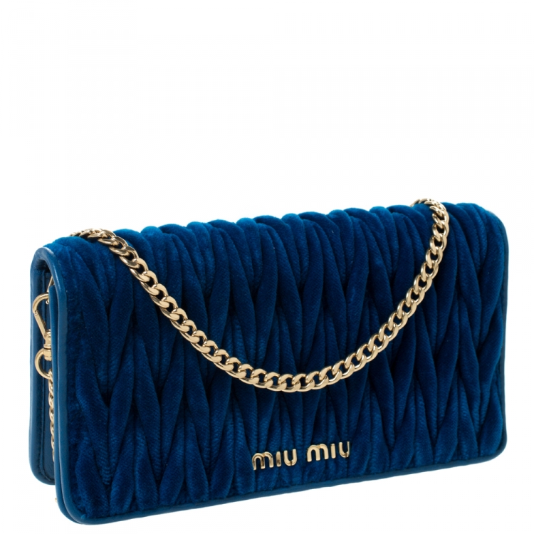 Pre Owned Miu Miu Blue Matelasse Velevt and Leather Wallet on Chain