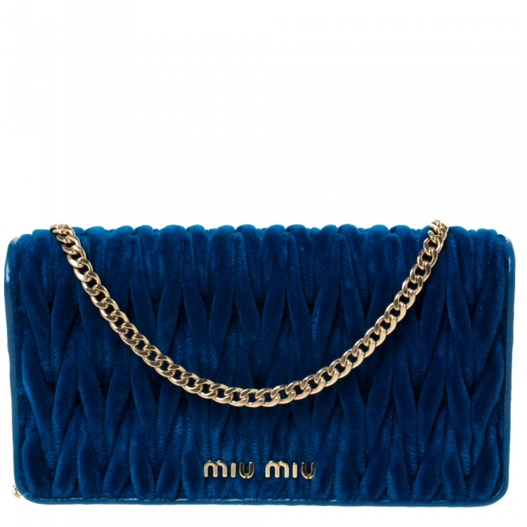 Pre Owned Miu Miu Blue Matelasse Velevt and Leather Wallet on Chain
