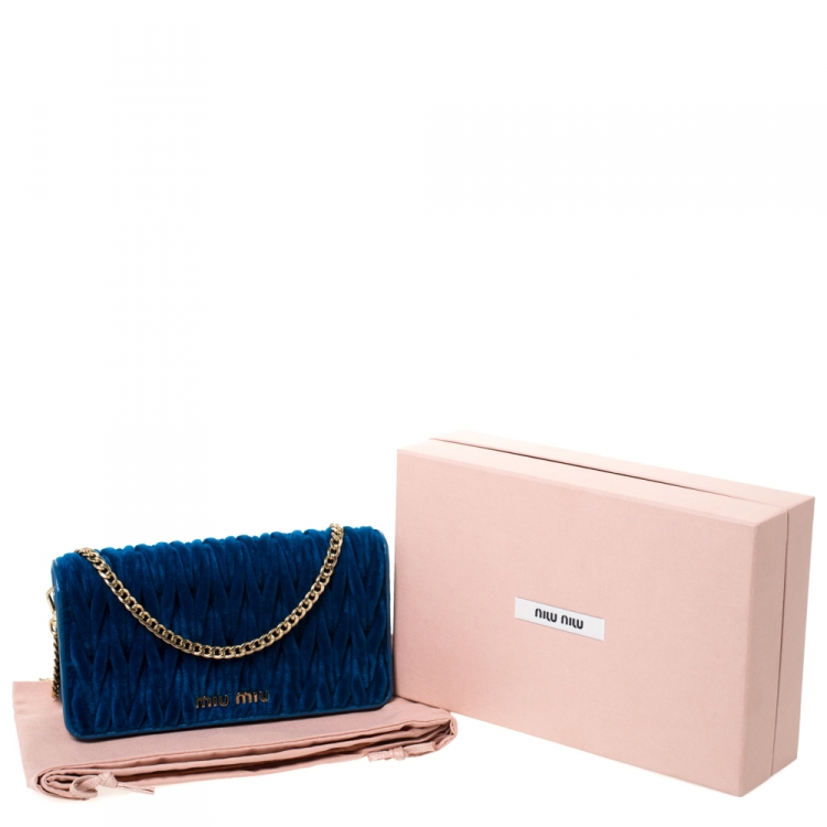 Pre Owned Miu Miu Blue Matelasse Velevt and Leather Wallet on Chain