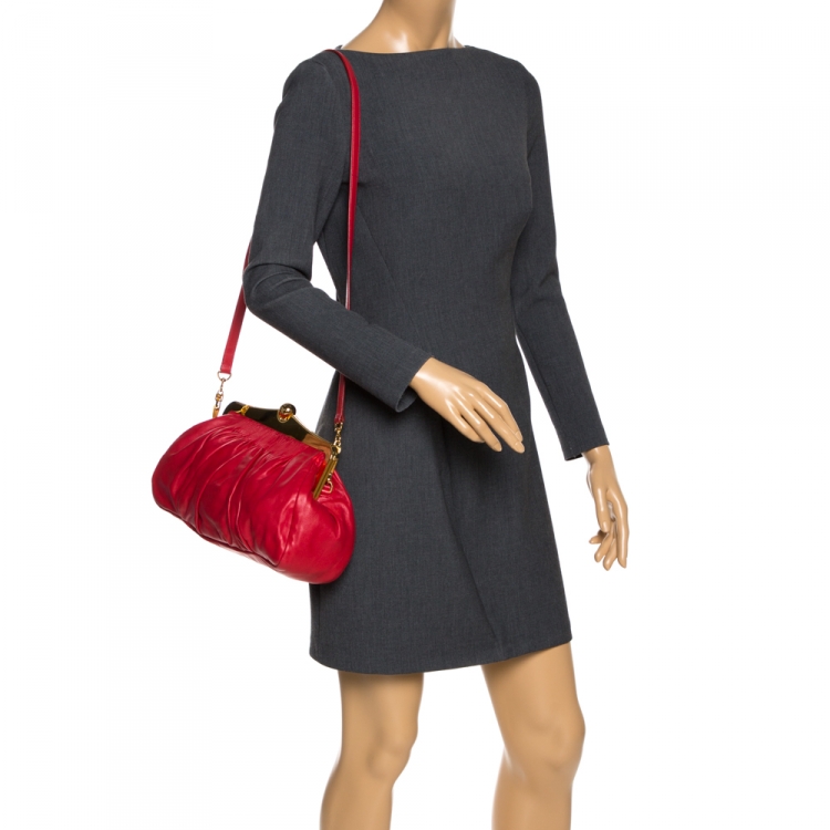 Pre Owned Miu Miu Red Matelasse Leather Frame Clutch
