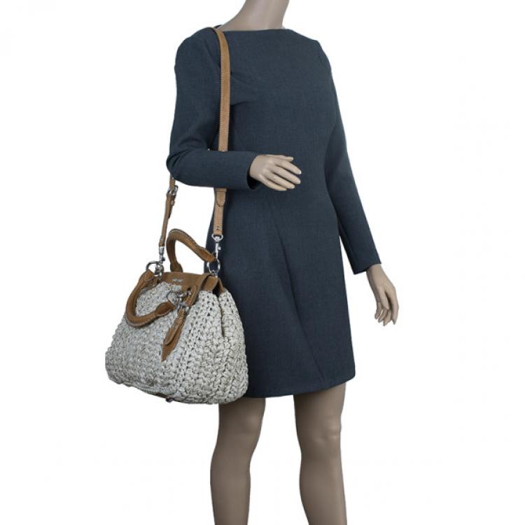 Pre Owned Miu Miu Beige Straw and Leather Trimmed Raffia Tote
