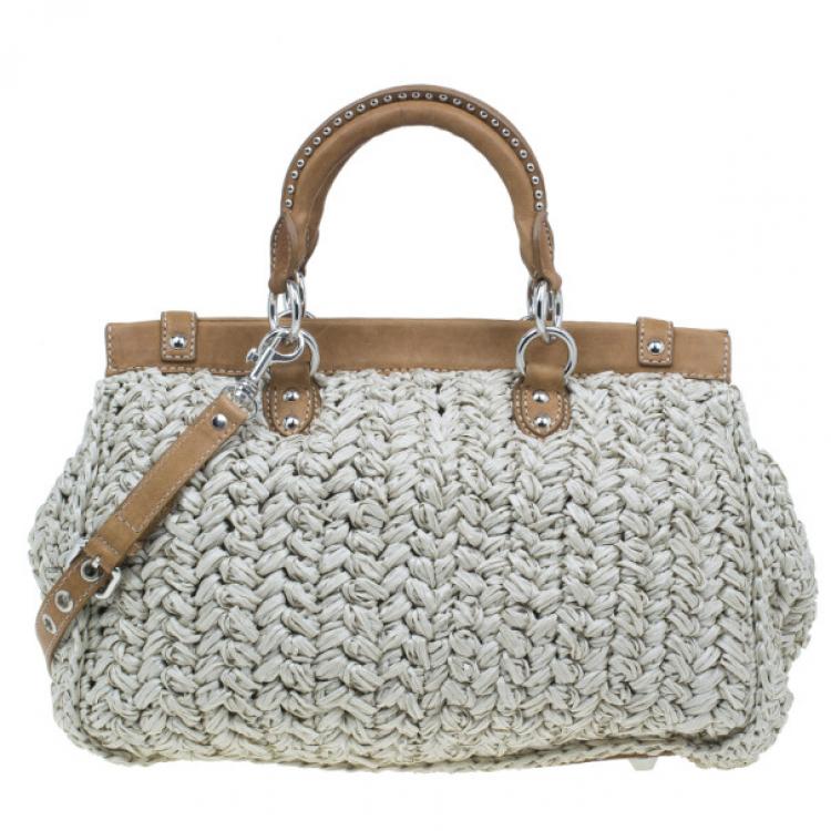 Pre Owned Miu Miu Beige Straw and Leather Trimmed Raffia Tote