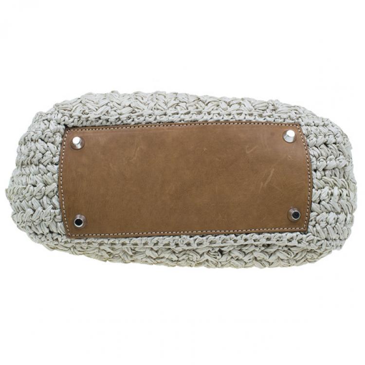 Pre Owned Miu Miu Beige Straw and Leather Trimmed Raffia Tote