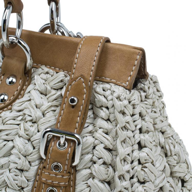 Pre Owned Miu Miu Beige Straw and Leather Trimmed Raffia Tote