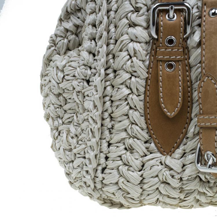 Pre Owned Miu Miu Beige Straw and Leather Trimmed Raffia Tote