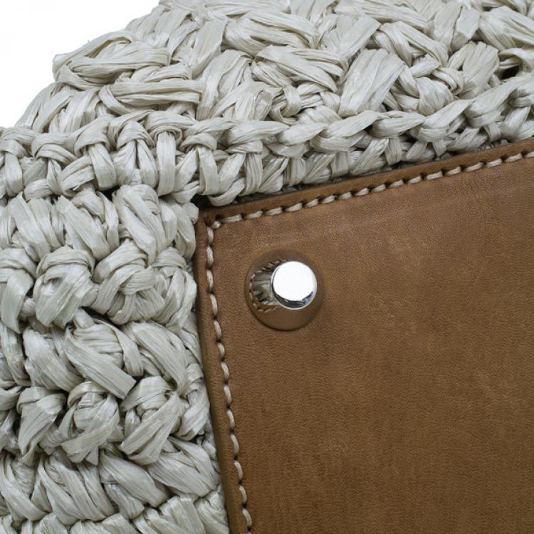 Pre Owned Miu Miu Beige Straw and Leather Trimmed Raffia Tote