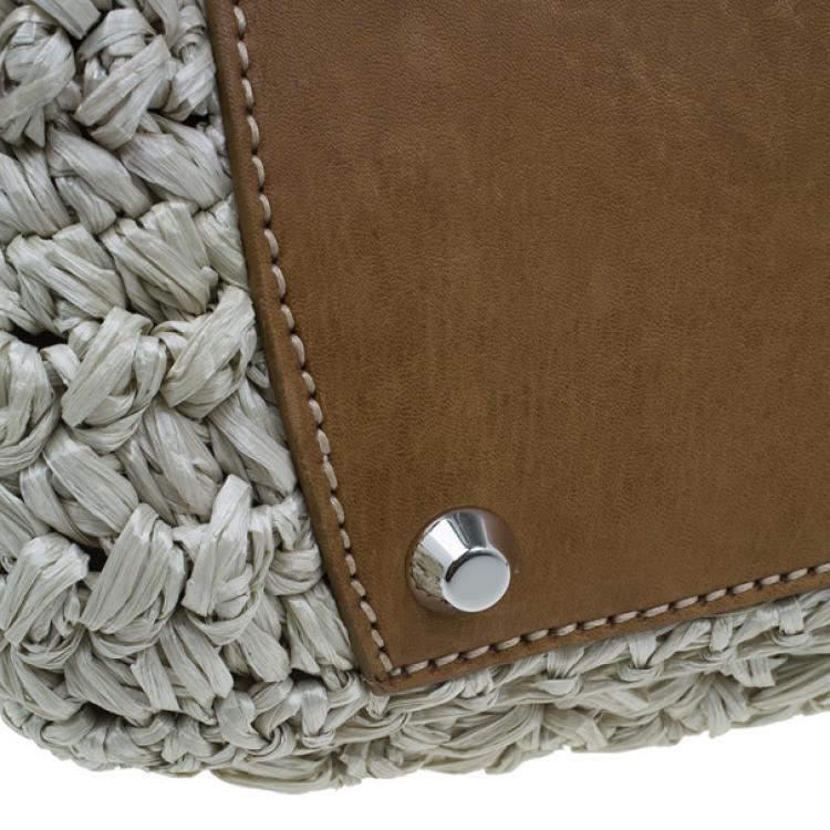 Pre Owned Miu Miu Beige Straw and Leather Trimmed Raffia Tote