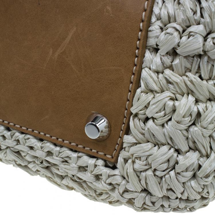 Pre Owned Miu Miu Beige Straw and Leather Trimmed Raffia Tote