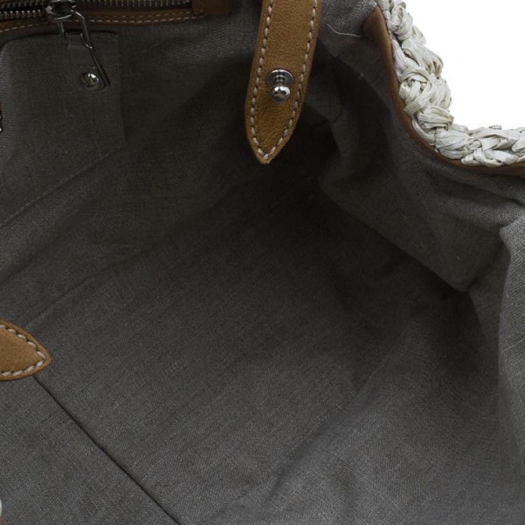 Pre Owned Miu Miu Beige Straw and Leather Trimmed Raffia Tote