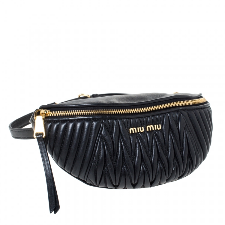 Pre Owned Miu Miu Metallic Black Matelasse Leather Belt Bag