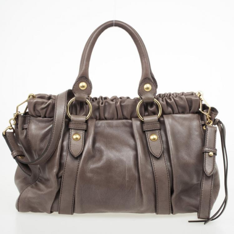Pre Owned Miu Miu Grey Lux Leather Soft Shopping Top Handle Bag