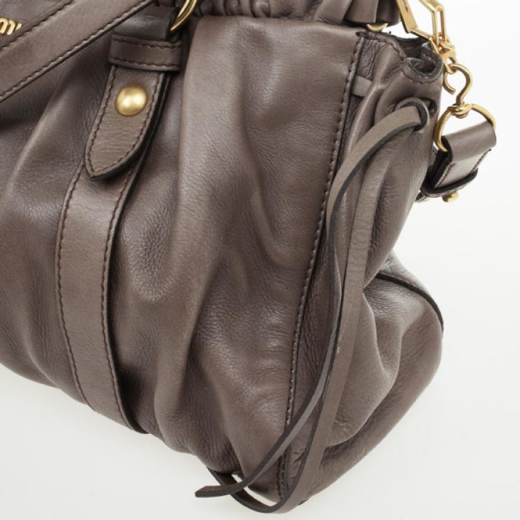 Pre Owned Miu Miu Grey Lux Leather Soft Shopping Top Handle Bag