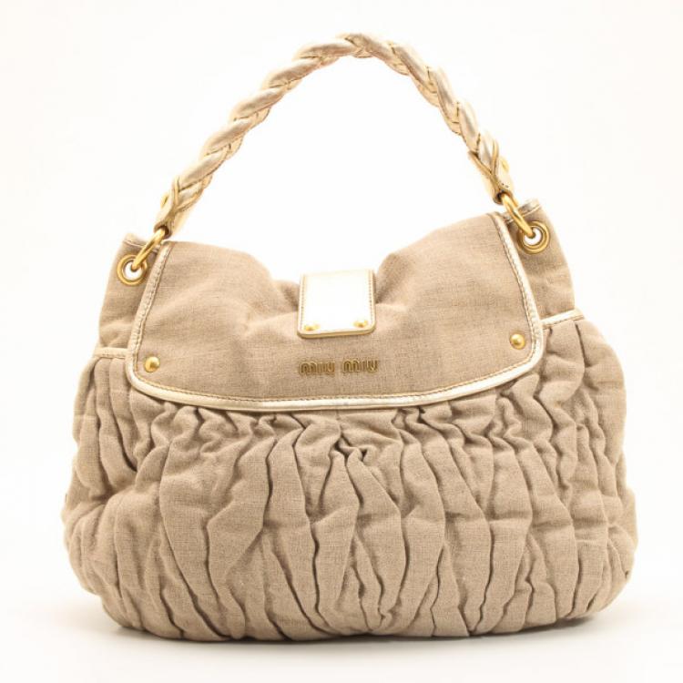 Pre Owned Miu Miu Beige Quilted Linen Coffer