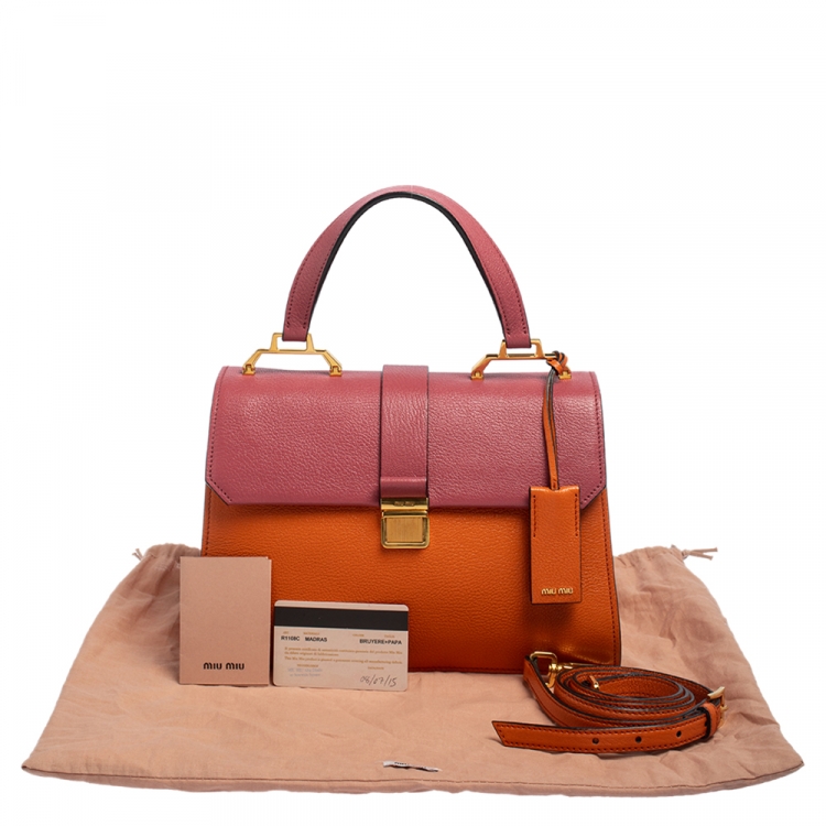 Pre Owned Miu Miu Orange/Pink Madras Leather Pushlock Top Handle Bag
