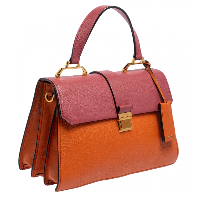 Pre Owned Miu Miu Orange/Pink Madras Leather Pushlock Top Handle Bag