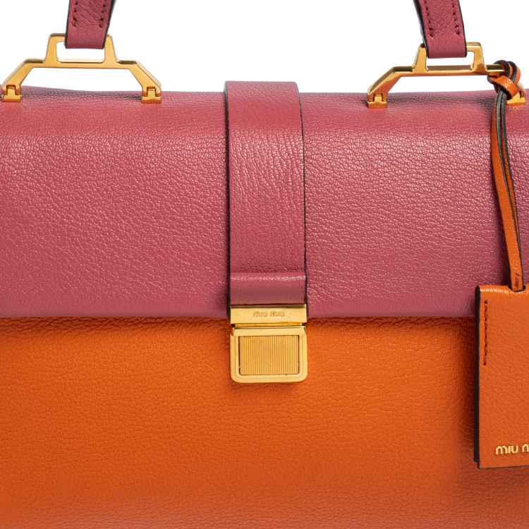 Pre Owned Miu Miu Orange/Pink Madras Leather Pushlock Top Handle Bag