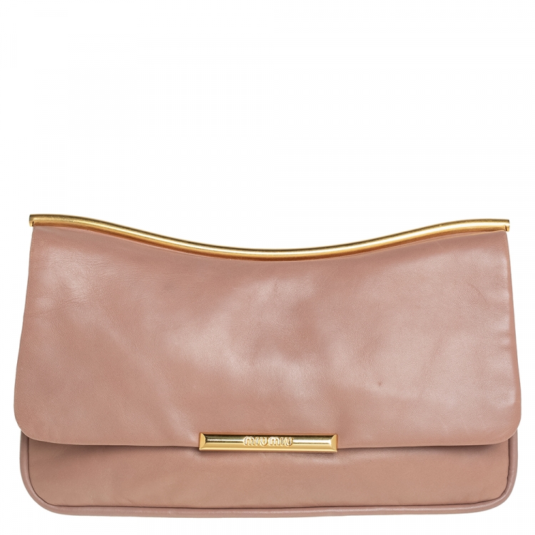 Pre Owned Miu Miu Nude Pink Leather Flap Frame Clutch